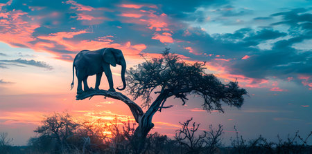 Lone African Elephant Standing on Tree Branch Silhouetted Against a Dramatic Vibrant Orange and Pink Sunset Sky on the Serene Savanna  Peaceful Tranquil Wilderness Landscapeの素材