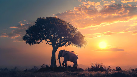 Lone elephant standing under the silhouetted branches of a large tree during a stunning African sunset in the savanna landscapeの素材