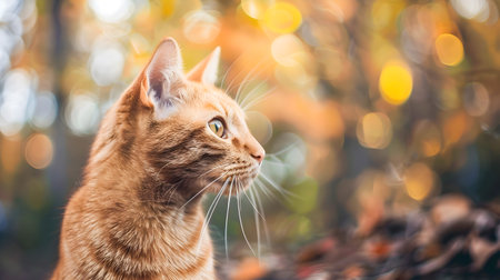 Curious feline exploring the vibrant autumn forest backdrop surrounded by warm tones of yellow and orange leaves  The cat s softの素材