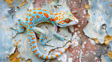 Close up of a vibrant colorful spotted Tokay gecko clinging to a weathered textured wall in its natural habitat  The reptile s intricate camouflage pattern and distinct features are highlightedの素材