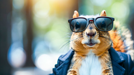 Stylish and Sophisticated Squirrel Dressed in Business Suit and Sunglasses with Blank Copyspace for Text or Branding  Conceptual Animal Portrait with Urban or Office Backgroundの素材