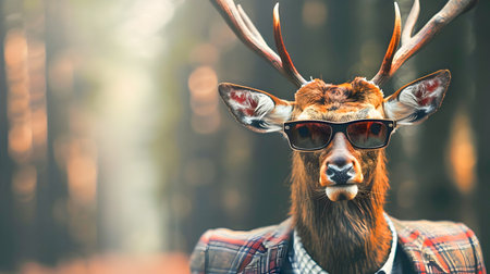 Stylish and sophisticated red deer with impressive antlers wearing trendy sunglasses and a tailored suit standing confidently in an autumnal woodland landscape with a peacefulの素材