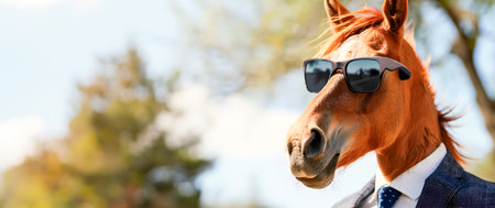 Sophisticated Business Horse Portrait in Stylish Suit and Sunglasses with Copyspace for Text  Conceptual Graphic of an Intelligent Confident and Successful Corporate Animal Characterの素材