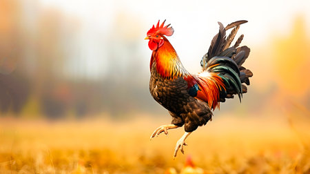 Powerful and dynamic image of a rooster mid leap its vibrant feathers shimmering in the light of a rural farm settingの素材