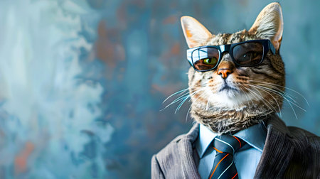 Sophisticated and stylish cat portrait in formal business suit and sunglasses posing confidently on a moody studio background with copy text space  Editorial and creative corporate concept imageの素材