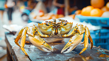 Close up of a vibrant orange crab displayed for sale on a rural market stall in a coastal community  The crab is surrounded by other fresh produce and seafoodの素材