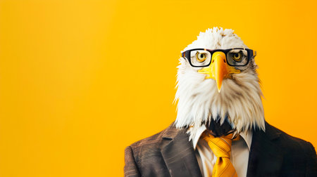Majestic Bald Eagle Dressed in Formal Business Suit and Glasses Sitting Proudly on a Throne Against a Vibrant Yellow Background with Ample Copy Spaceの素材
