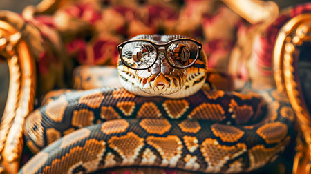 Regal Python Wearing Stylish Glasses and Suit Sitting Regally on a King s Throne Against an Abstract Surreal Background with Copy Spaceの素材