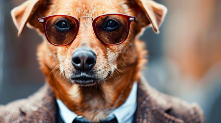 Fashionable Canine Wearing Suit and Sunglasses Posing for Professional Portrait in Studio Setting with Blurred Backgroundの素材