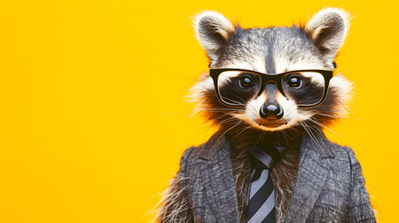 A stylish and fashion forward raccoon wearing a suit and modern eyeglasses posing against a vibrant yellow background with ample copy space for text or design elementsの素材