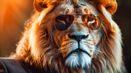 Powerful and Majestic Lion in Stylish Sunglasses and Formal Suit Exuding Confidence and Elegance in a Savanna or Jungle Setting with Copy Space for Graphic or Text Designの素材