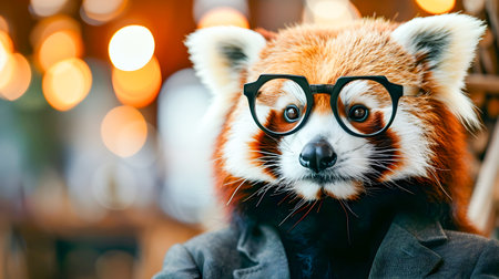 Stylish Red Panda Wearing Formal Business Suit and Eyeglasses Sitting Regally on a Vintage Throne with Copy Space Background  Quirky and Charismatic Wildlife Portraitureの素材