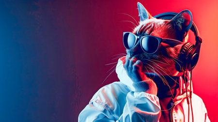 Surreal digital of a fantasy cat character wearing a white jacket headphones and sunglasses listening to music against a bold colorful abstract background with copy spaceの素材