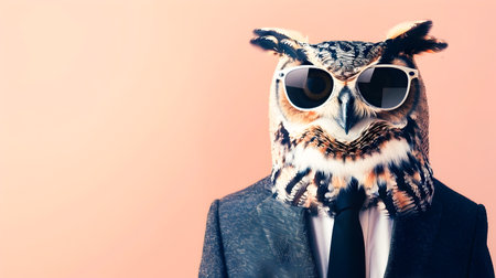 Stylish Owl Business Portrait in Sunglasses and Suit with Copyspace  Quirky Animal Headshot in Formal Office Attire for Branding Advertising or Creative Conceptsの素材