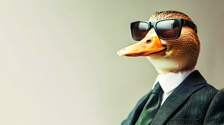 Stylish Business Duck Wearing Sunglasses and a Formal Suit Posing Against a Wide Screen Background with Copy Space for Text or Graphic Designの素材