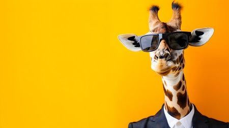 Stylishly Dressed Giraffe Portrait with Sunglasses and Suit on Vibrant Background   Cool and Quirky Business Animal with Copy Text Spaceの素材