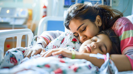 A tender moment as a concerned mother gently consoles her sick daughter resting in a hospital bed providing comfort and care during this time of need and recoveryの素材