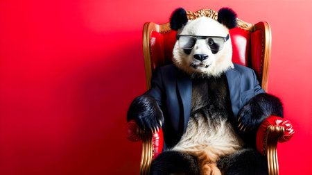 Stylish Panda Business Executive Sitting on King s Throne with Red Background  Sophisticated Panda Wearing Formal Suit and Glasses Posing Confidently on Luxurious Throneの素材