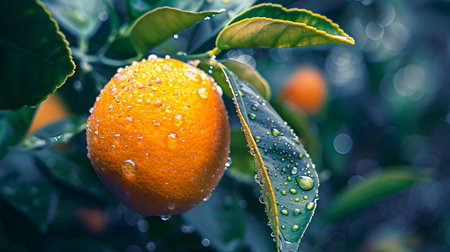 Macro Close Up Shot of a Fresh Ripe Orange Fruit Hanging on a Tree Branch with Shimmering Water Droplets or Dew Covering the Surface  Organic Healthyの素材
