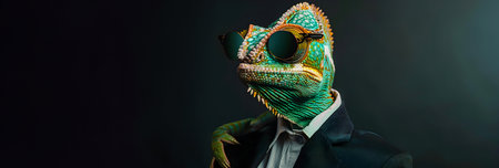 Corporate Chameleon A Stylishly Dressed Reptile in Sunglasses and a Suit Conveying a Concept of Adaptability Professionalism and Innovative Thinking in the Business Worldの素材