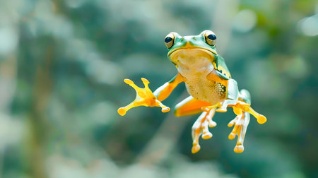 Captivating Leap of a Curious Tree Frog Amid Verdant Foliage   A stunning close up shot of a vibrant and agile tree frog in its natural habitat showcasing the beauty and wonder of the natural worldの素材