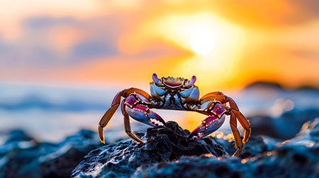 A sea crab standing proudly on a rock displaying its large claws as the sun sets in the background creating a vibrant coastal landscape sceneの素材