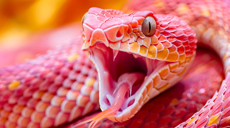 Fierce Dangerous Pink Viper Snake with Bifurcated Tongue Viciously Attacking in a Close up Macro Shot Showcasing its Venomous Fangs Scales and Predatory Natureの素材