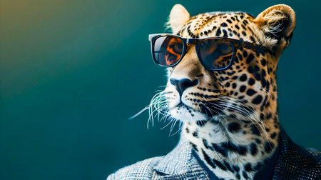 Stylish and Confident Leopard in Suit and Sunglasses   Powerful Corporate Concept with Minimal Background and Copy Spaceの素材