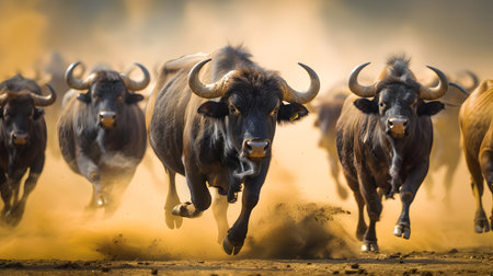 Close up view of a large herd of wildebeest or gnu running at high speed down a dusty dirt road in the African wildernessの素材