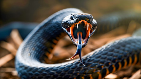 Fierce Intimidating Black Viper Snake with Bifurcated Tongue Aggressively Opening Mouth Ready to Attack in Natural Habitatの素材