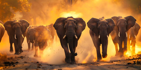 A large herd of mighty African elephants swiftly running across a vast sun drenched savanna landscape kicking up a dramatic cloud of dust in their wake  The powerfulの素材