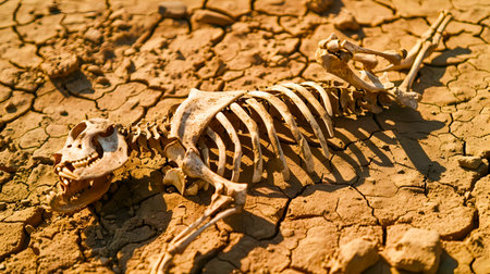 Skeletal remains of a deceased animal lying on the cracked dried up terrain due to a prolonged drought seasonの素材
