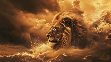 Majestic lion face emerging from a dramatic stormy and fantastical landscape with ominous clouds a moody atmosphere and a sense of power and mystery  This cinematicの素材