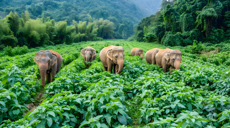 A herd of majestic elephants peacefully grazing and foraging in a lush verdant jungle landscape  The elephants are surrounded by a vibrant tropical environment filled with abundant vegetationの素材