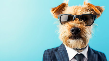 Sophisticated and Stylish Business Dog Wearing a Suit and Sunglasses with Copy Space on a Minimal Backgroundの素材