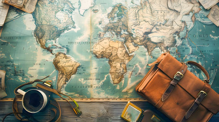 A still life of vintage baggage a world map and a vintage globe on a wooden table evoking a sense of nostalgia for retro travelの素材