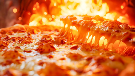 A pizza cooking in a fire oven with detailed hyperrealistic lighting and textures showcasing the explosion of deliciousness in every biteの素材