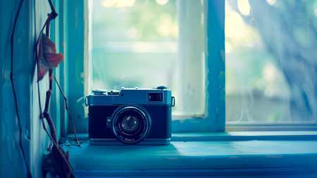 This image showcases a vintage camera sitting on a windowsill, bathed in soft light from an open window The camera is surrounded by a serene blue color scheme, creating a nostalgic atmosphere The useの素材
