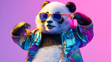 Vibrant and Playful Panda Character Wearing Stylish Sunglasses and Colorful Fashionable Outfit Dancing and Celebrating with Energetic and Joyful Expressionの素材