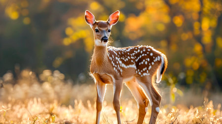 Captivating Baby White Tailed Deer Fawn Standing in Autumn Field Near Forest and Doe  Adorable spotted fawn with innocent expression in natural setting perfect for nature wildlifeの素材