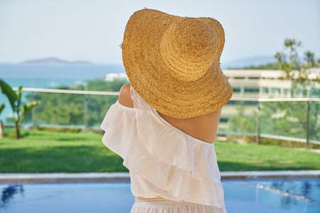 woman on vacation in hotelの写真素材