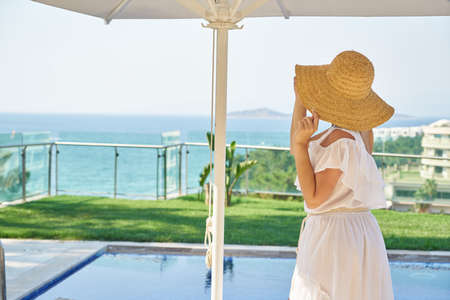 woman on vacation in hotelの写真素材