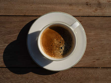 delicious espresso coffee on wooden tableの写真素材