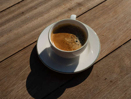 delicious espresso coffee on wooden tableの写真素材