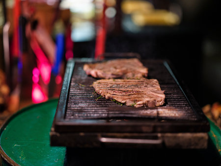 fresh beef steaks cooking on the grillの写真素材