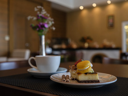 breakfast with delicious cake and coffee in a cafeの写真素材