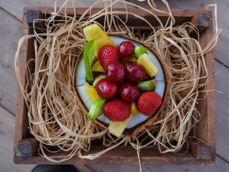 delicious tropical fruits on the tableの写真素材