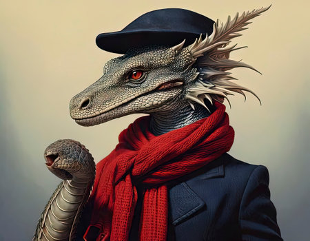 Portrait of a dragon in winter clothes. digital illustration, manipulationの素材