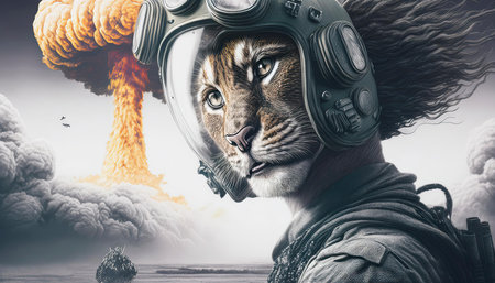 a tiger that is a fighter pilot. a nuclear bomb exploding in the backgroundの素材