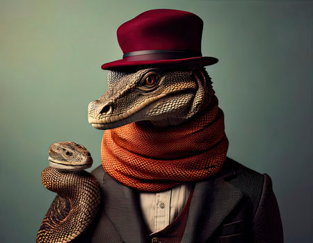 Portrait of a dragon in winter clothes. digital illustration, manipulationの素材